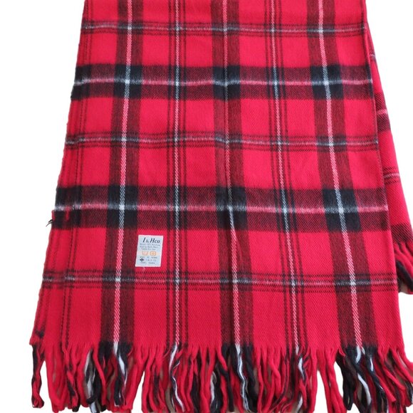 Vintage Acrylic Throw Blanket Red Tartan Plaid Fringe 54" x 50" Camp Lap Stadium - Picture 3 of 8